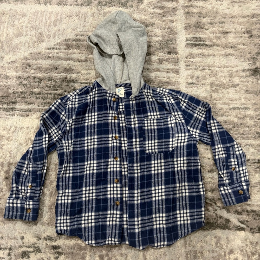 Boys Plaid Blue and Gray Kids Shirt with Hood size 8 GOOD CONDITION